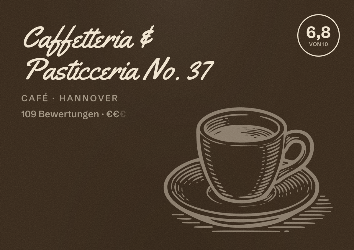 Illustriertes Poster von Caffetteria & Pasticceria No. 37, Café in Hannover: Bewertung 6,8 von 10 aus 109 Bewertungen, Preisniveau €€
