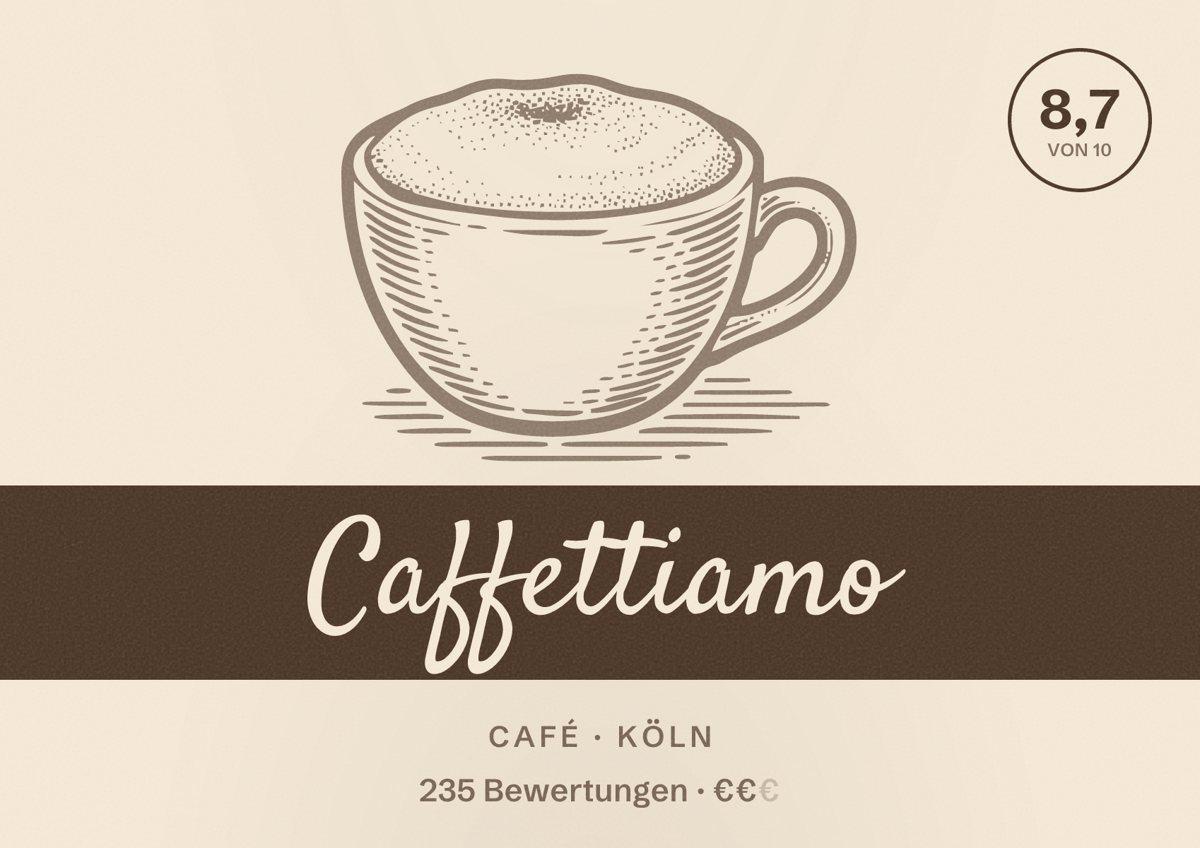 Illustriertes Poster von Caffettiamo, Café in Köln: Bewertung 8,7 von 10 aus 235 Bewertungen, Preisniveau €€