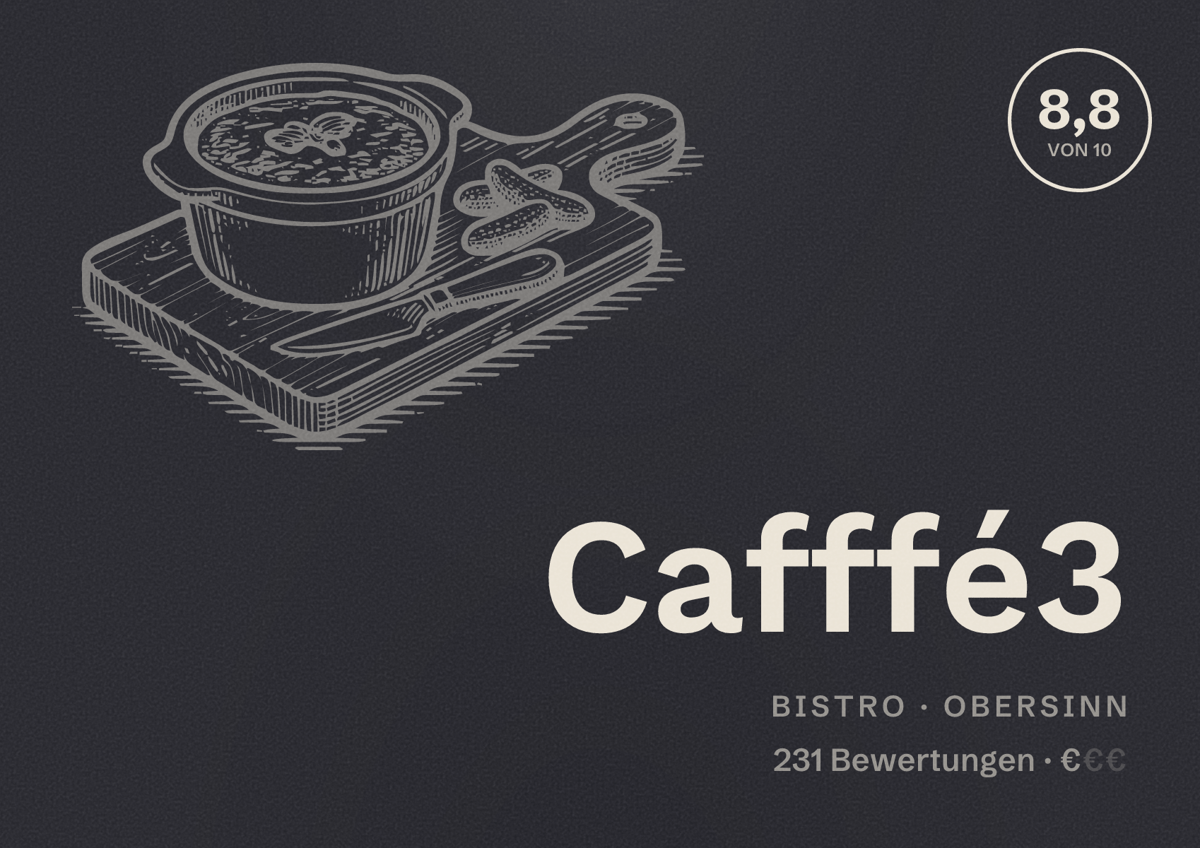 Illustriertes Poster von Cafffé3, Bistro in Obersinn: Bewertung 8,8 von 10 aus 231 Bewertungen, Preisniveau €