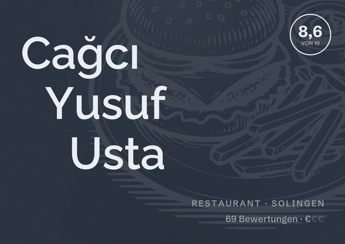 Illustriertes Poster von Cağcı Yusuf Usta, Restaurant in Solingen: Bewertung 8,6 von 10 aus 69 Bewertungen, Preisniveau €