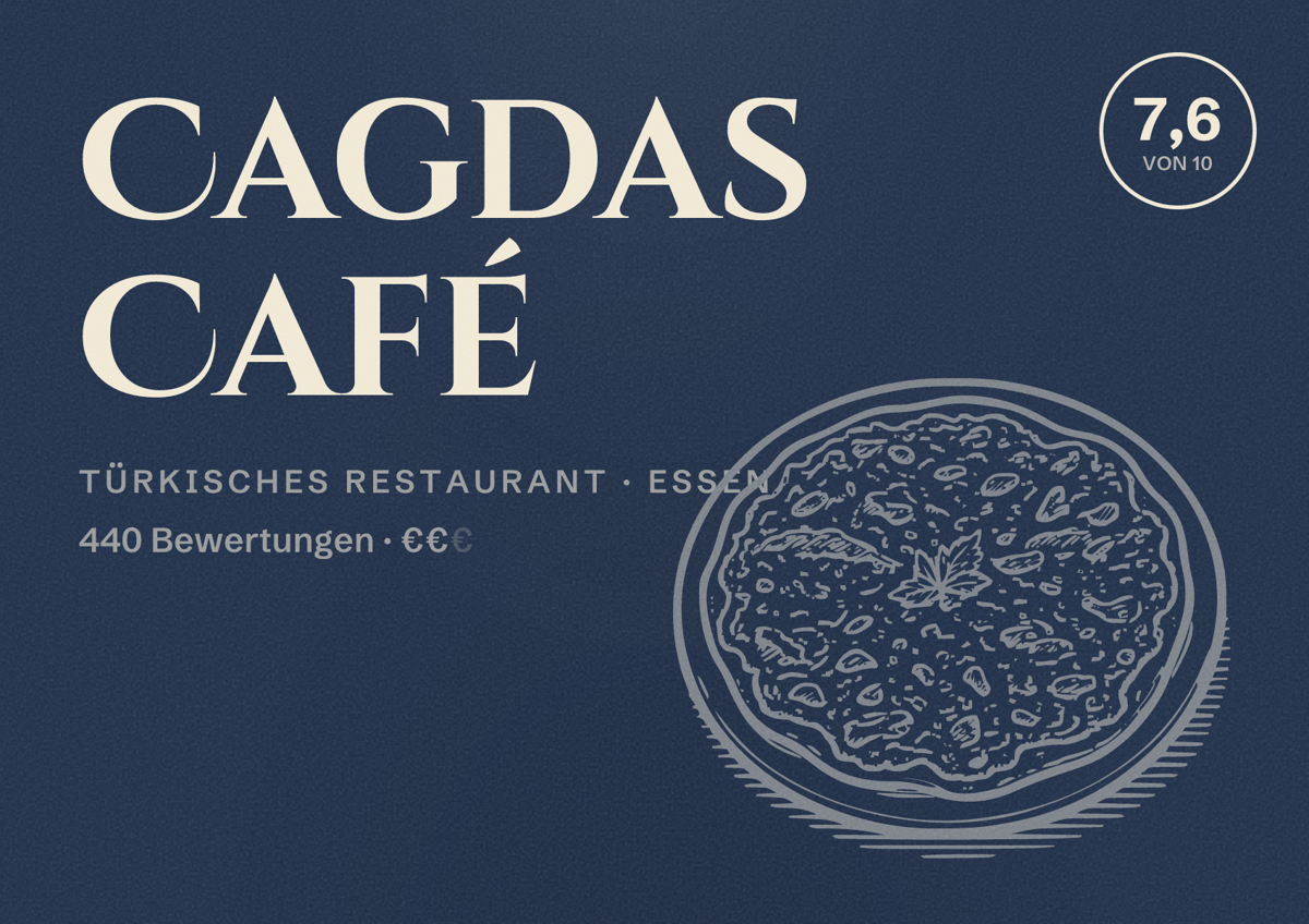 Illustriertes Poster von Cagdas Café, Türkisches Restaurant in Essen: Bewertung 7,6 von 10 aus 440 Bewertungen, Preisniveau €€