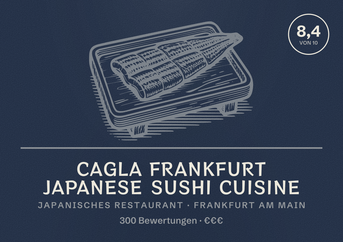 Illustriertes Poster von CAGLA Frankfurt japanese Sushi cuisine, Japanisches Restaurant in Frankfurt am Main: Bewertung 8,4 von 10 aus 300 Bewertungen, Preisniveau €€€