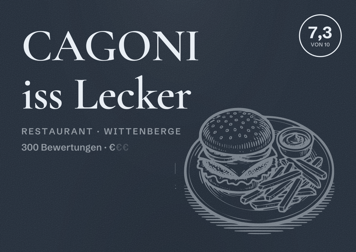 Illustriertes Poster von CAGONI iss Lecker, Restaurant in Wittenberge: Bewertung 7,3 von 10 aus 300 Bewertungen, Preisniveau €
