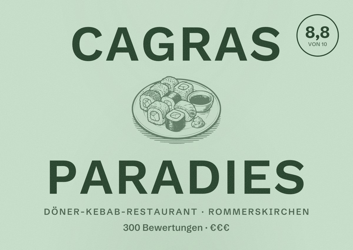 Illustriertes Poster von Cagras Paradies, Döner-Kebab-Restaurant in Rommerskirchen: Bewertung 8,8 von 10 aus 300 Bewertungen, Preisniveau €€€