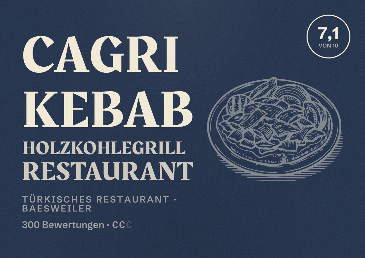 Illustriertes Poster von Cagri Kebab Holzkohlegrill Restaurant, Türkisches Restaurant in Baesweiler: Bewertung 7,1 von 10 aus 300 Bewertungen, Preisniveau €€