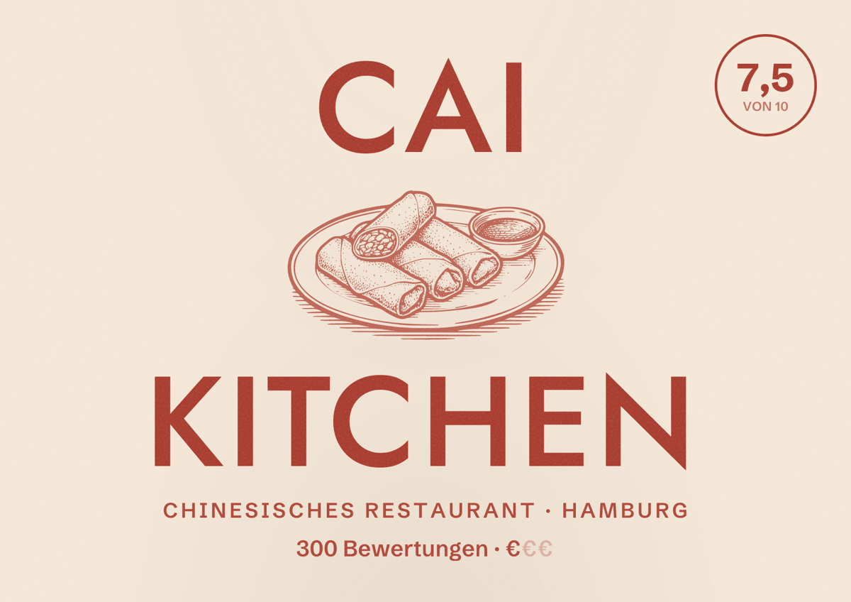 Illustriertes Poster von Cai Kitchen, Chinesisches Restaurant in Hamburg: Bewertung 7,5 von 10 aus 300 Bewertungen, Preisniveau €