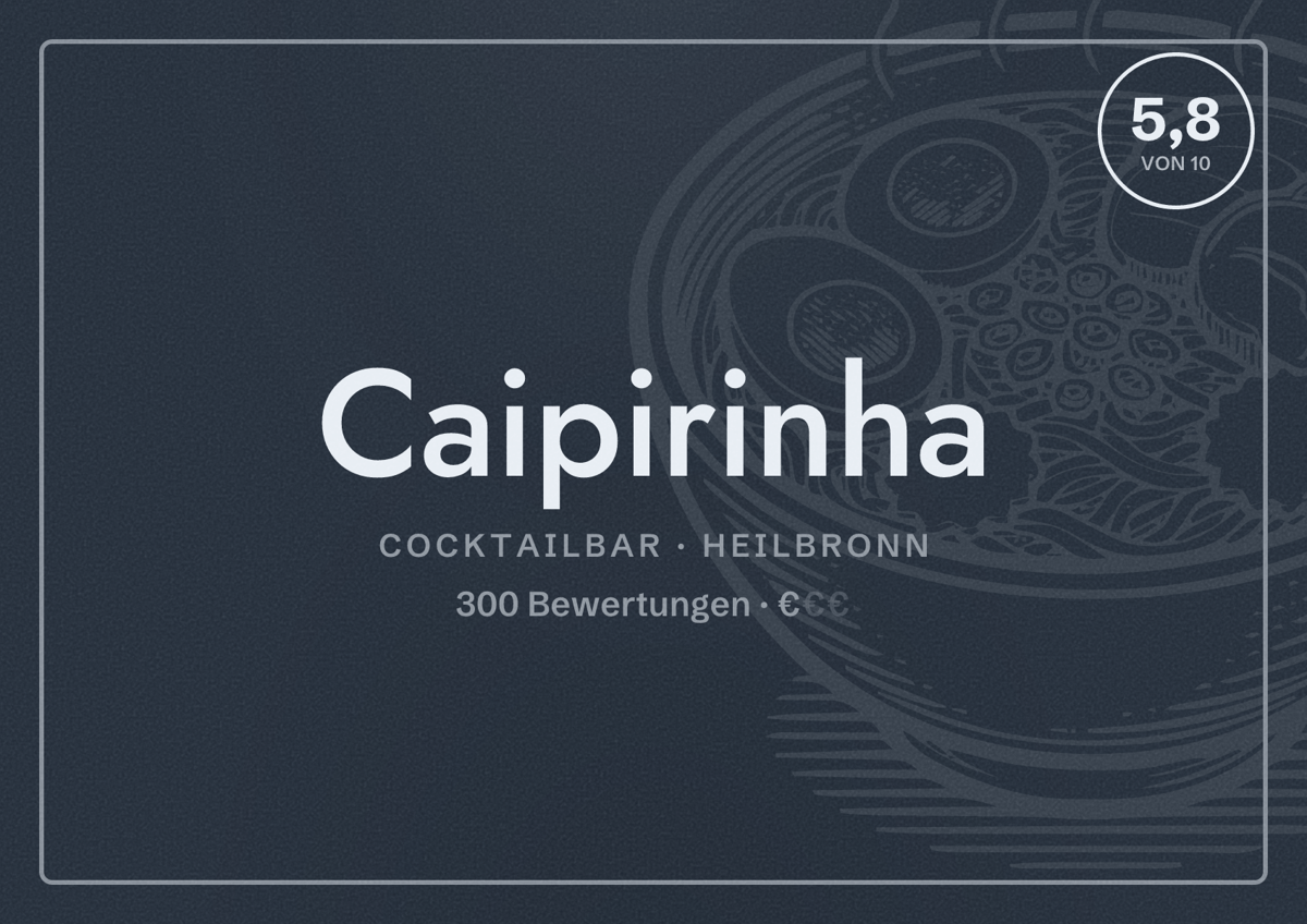 Illustriertes Poster von Caipirinha, Cocktailbar in Heilbronn: Bewertung 5,8 von 10 aus 300 Bewertungen, Preisniveau €