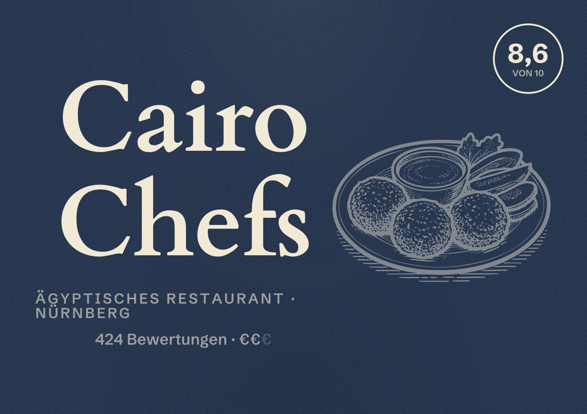 Illustriertes Poster von Cairo Chefs, Ägyptisches Restaurant in Nürnberg: Bewertung 8,6 von 10 aus 424 Bewertungen, Preisniveau €€