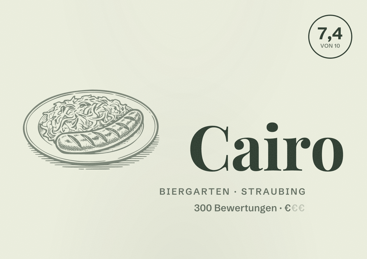 Illustriertes Poster von Cairo, Biergarten in Straubing: Bewertung 7,4 von 10 aus 300 Bewertungen, Preisniveau €