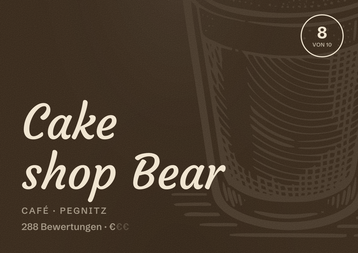 Illustriertes Poster von Cake shop Bear, Café in Pegnitz: Bewertung 8 von 10 aus 288 Bewertungen, Preisniveau €