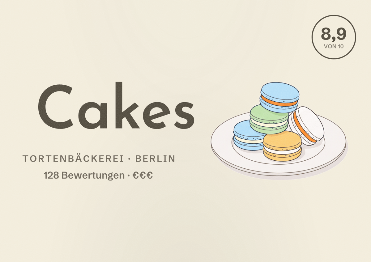 Illustriertes Poster von Cakes, Tortenbäckerei in Berlin: Bewertung 8,9 von 10 aus 128 Bewertungen, Preisniveau €€€