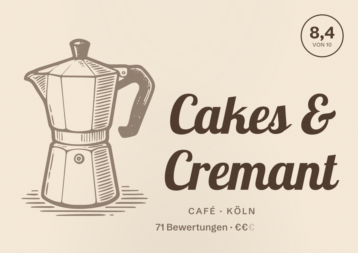 Illustriertes Poster von Cakes & Cremant, Café in Köln: Bewertung 8,4 von 10 aus 71 Bewertungen, Preisniveau €€