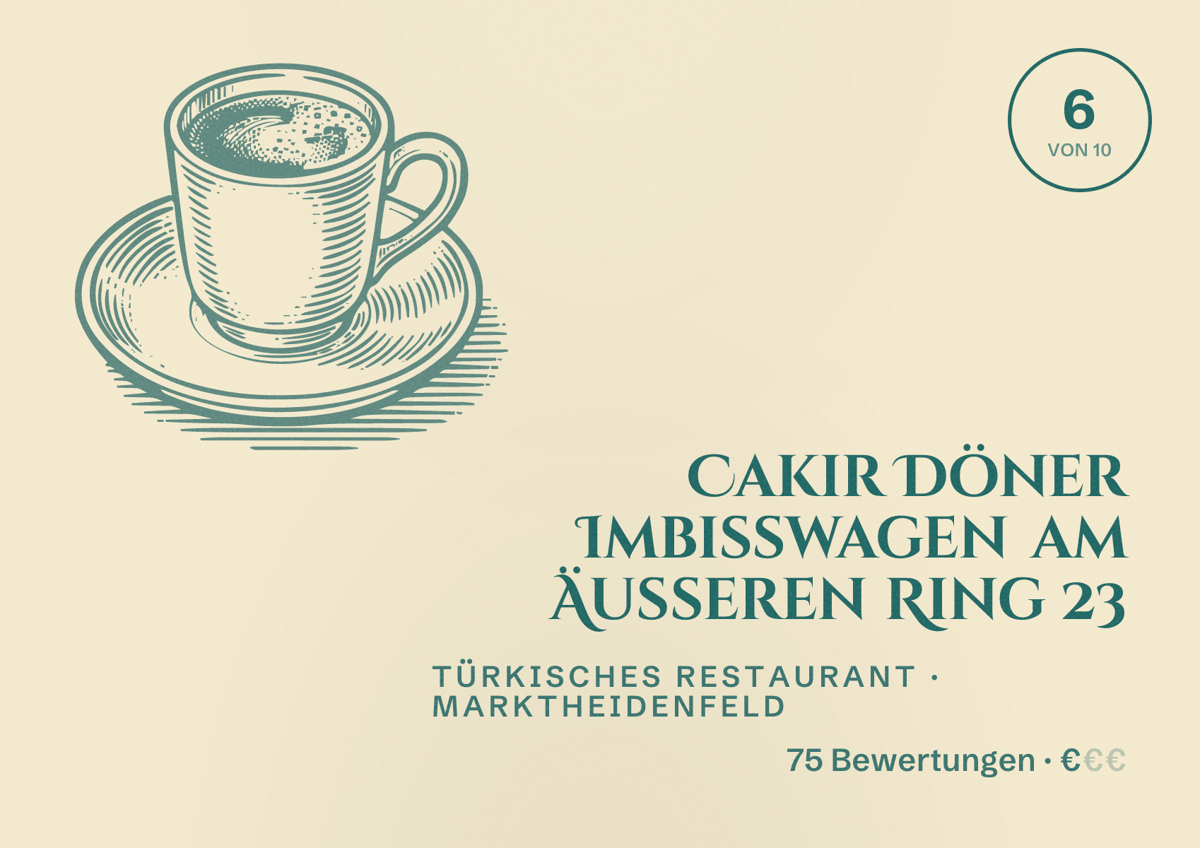 Illustriertes Poster von Cakir Döner Imbisswagen am Äußeren Ring 23, Türkisches Restaurant in Marktheidenfeld: Bewertung 6 von 10 aus 75 Bewertungen, Preisniveau €