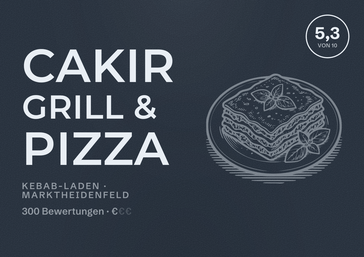 Illustriertes Poster von Cakir Grill & Pizza, Kebab-Laden in Marktheidenfeld: Bewertung 5,3 von 10 aus 300 Bewertungen, Preisniveau €