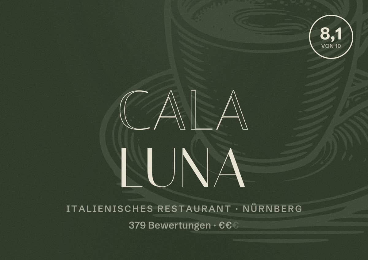 Illustriertes Poster von Cala Luna, Italienisches Restaurant in Nürnberg: Bewertung 8,1 von 10 aus 379 Bewertungen, Preisniveau €€