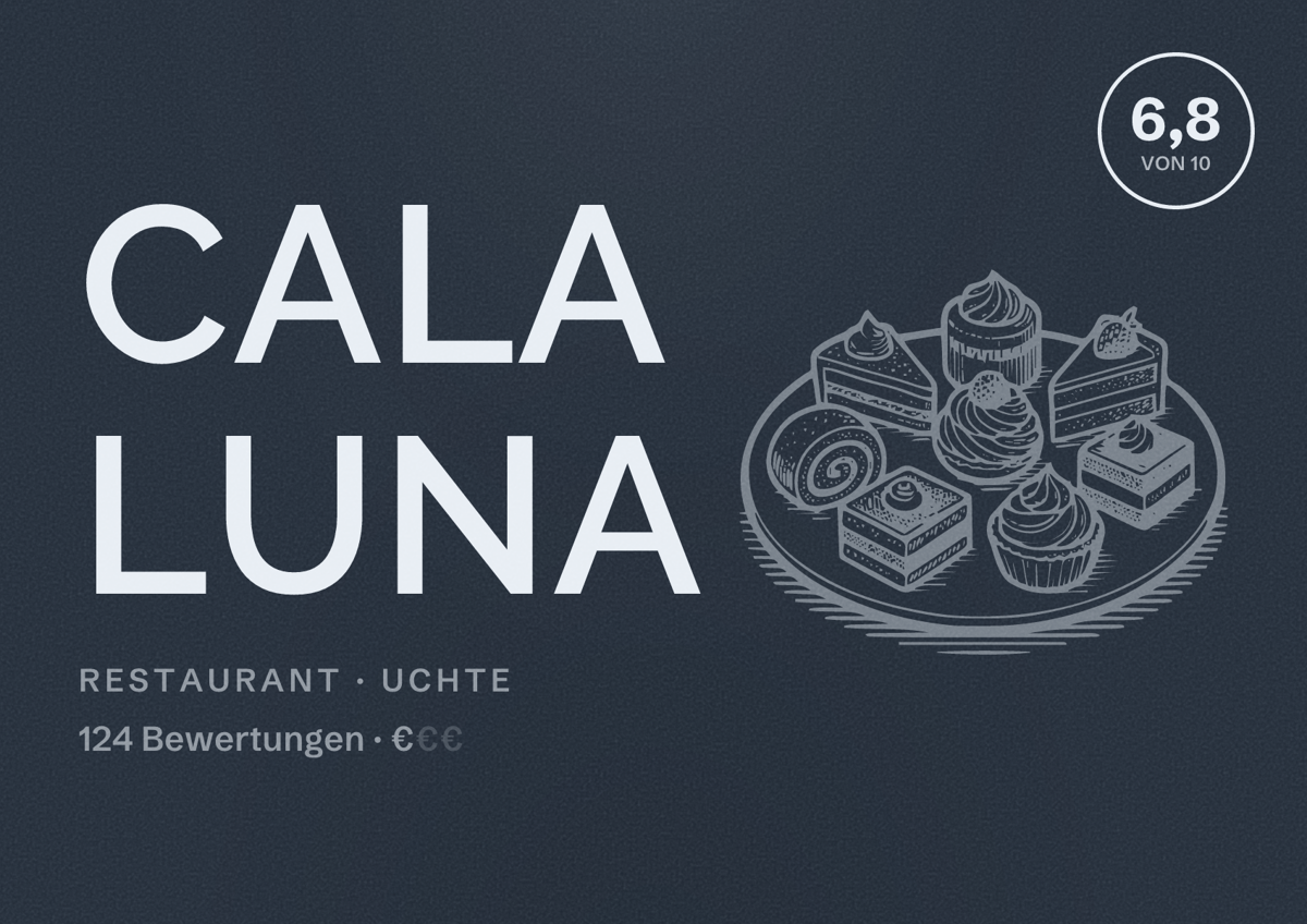 Illustriertes Poster von Cala Luna, Restaurant in Uchte: Bewertung 6,8 von 10 aus 124 Bewertungen, Preisniveau €