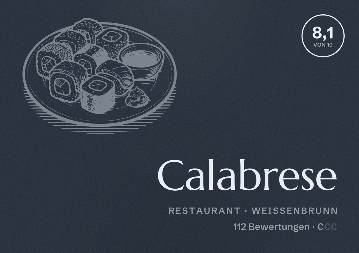 Illustriertes Poster von Calabrese, Restaurant in Weißenbrunn: Bewertung 8,1 von 10 aus 112 Bewertungen, Preisniveau €