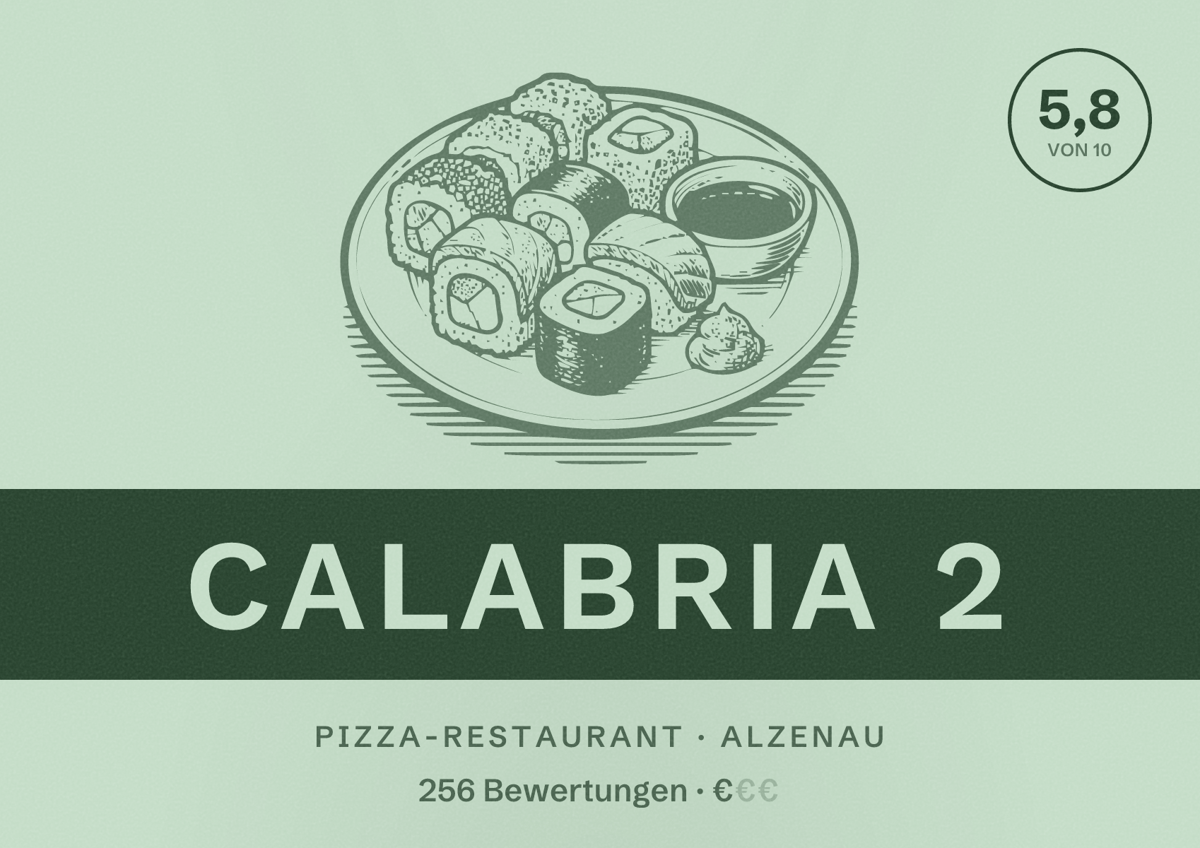 Illustriertes Poster von Calabria 2, Pizza-Restaurant in Alzenau: Bewertung 5,8 von 10 aus 256 Bewertungen, Preisniveau €