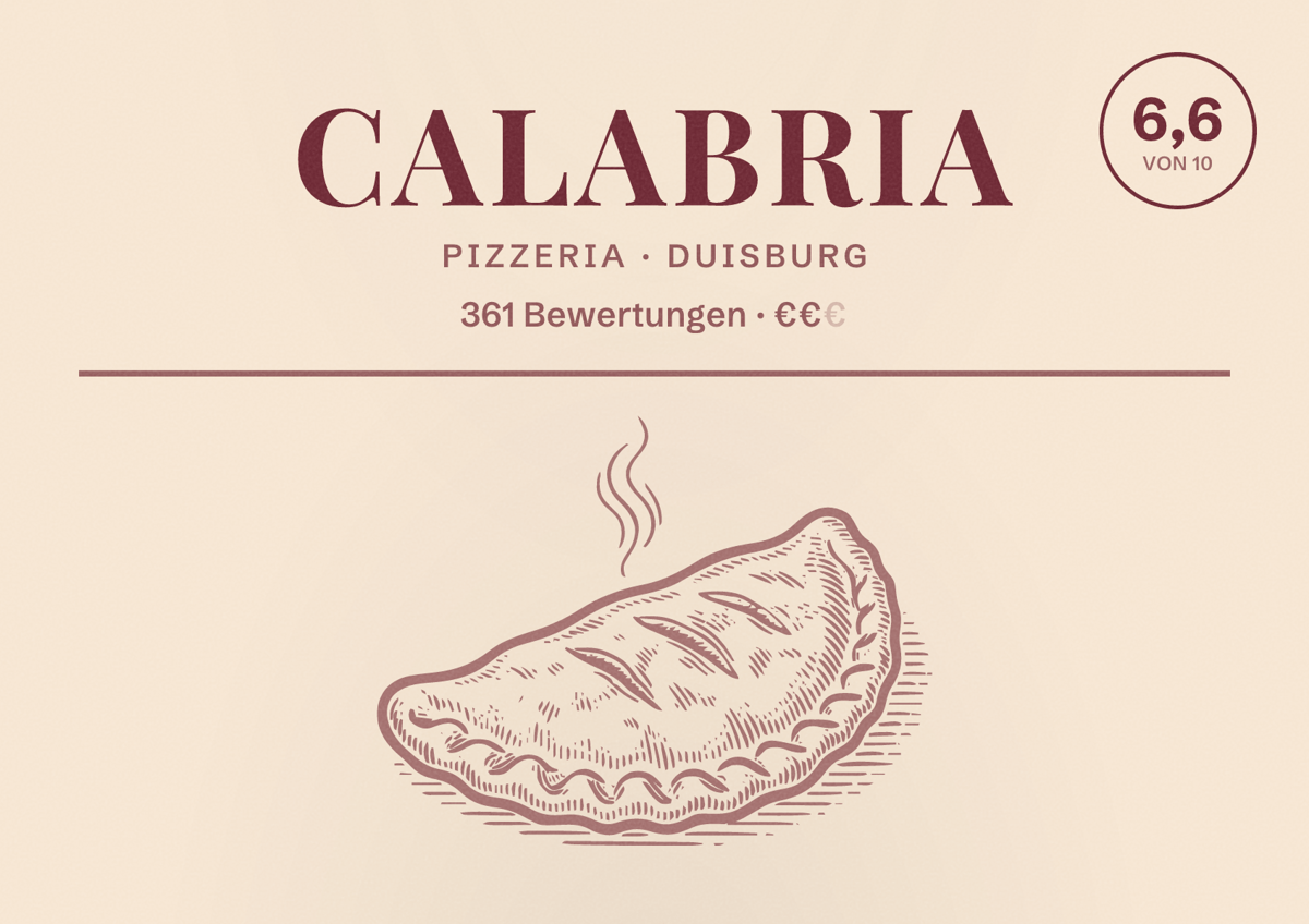 Illustriertes Poster von Calabria, Pizzeria in Duisburg: Bewertung 6,6 von 10 aus 361 Bewertungen, Preisniveau €€