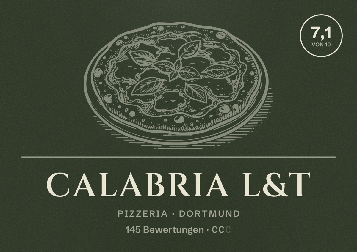 Illustriertes Poster von Calabria L&T, Pizzeria in Dortmund: Bewertung 7,1 von 10 aus 145 Bewertungen, Preisniveau €€
