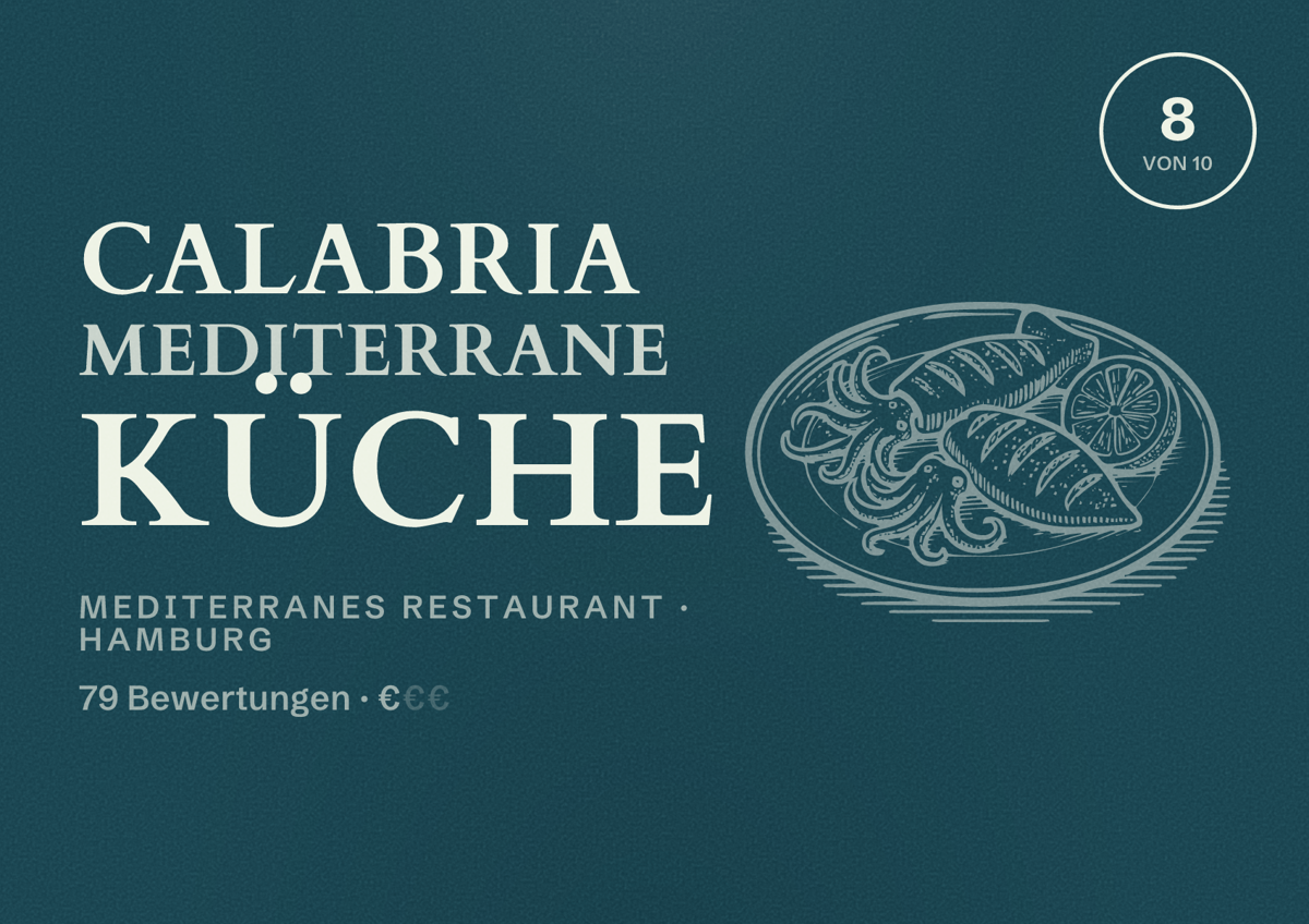 Illustriertes Poster von Calabria Mediterrane Küche, Mediterranes Restaurant in Hamburg: Bewertung 8 von 10 aus 79 Bewertungen, Preisniveau €