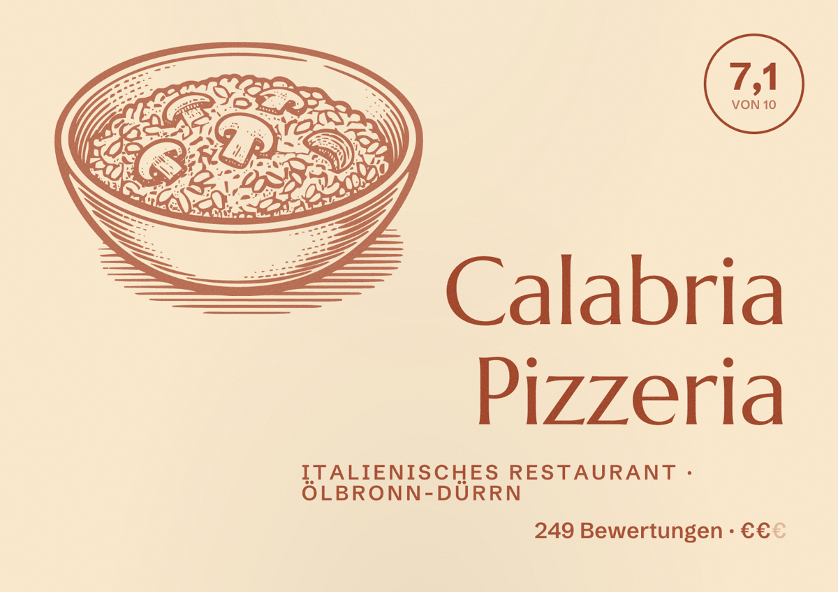 Illustriertes Poster von Calabria Pizzeria, Italienisches Restaurant in Ölbronn-Dürrn: Bewertung 7,1 von 10 aus 249 Bewertungen, Preisniveau €€