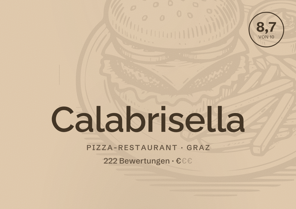 Illustriertes Poster von Calabrisella, Pizza-Restaurant in Graz: Bewertung 8,7 von 10 aus 222 Bewertungen, Preisniveau €