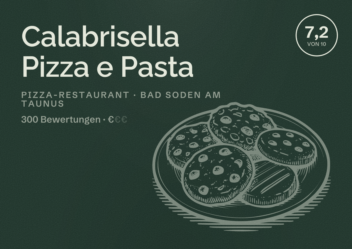 Illustriertes Poster von Calabrisella Pizza e Pasta, Pizza-Restaurant in Bad Soden am Taunus: Bewertung 7,2 von 10 aus 300 Bewertungen, Preisniveau €