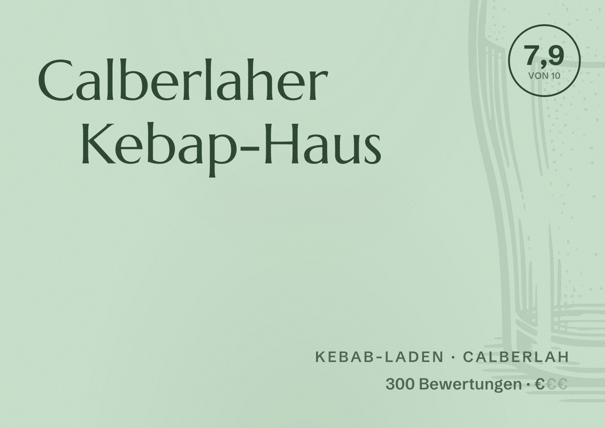 Illustriertes Poster von Calberlaher Kebap-Haus, Kebab-Laden in Calberlah: Bewertung 7,9 von 10 aus 300 Bewertungen, Preisniveau €
