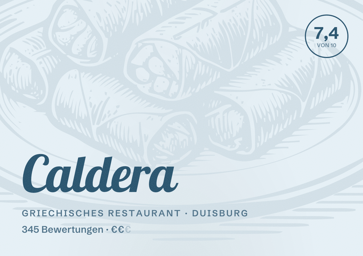 Illustriertes Poster von Caldera, Griechisches Restaurant in Duisburg: Gästebewertung 7,4 von 10 aus 345 Bewertungen