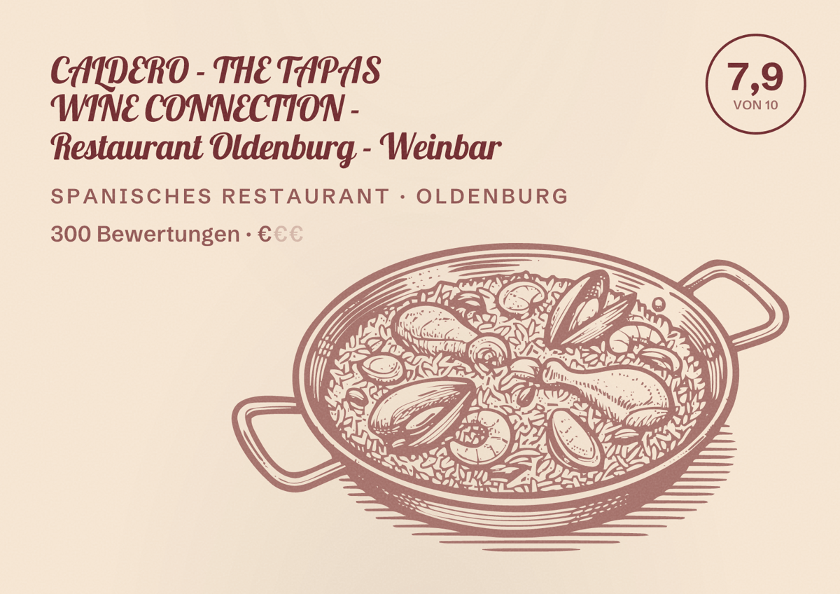 Illustriertes Poster von CALDERO - THE TAPAS WINE CONNECTION - Restaurant Oldenburg - Weinbar, Spanisches Restaurant in Oldenburg: Bewertung 7,9 von 10 aus 300 Bewertungen, Preisniveau €
