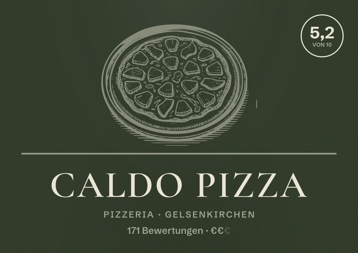 Illustriertes Poster von Caldo Pizza, Pizzeria in Gelsenkirchen: Bewertung 5,2 von 10 aus 171 Bewertungen, Preisniveau €€
