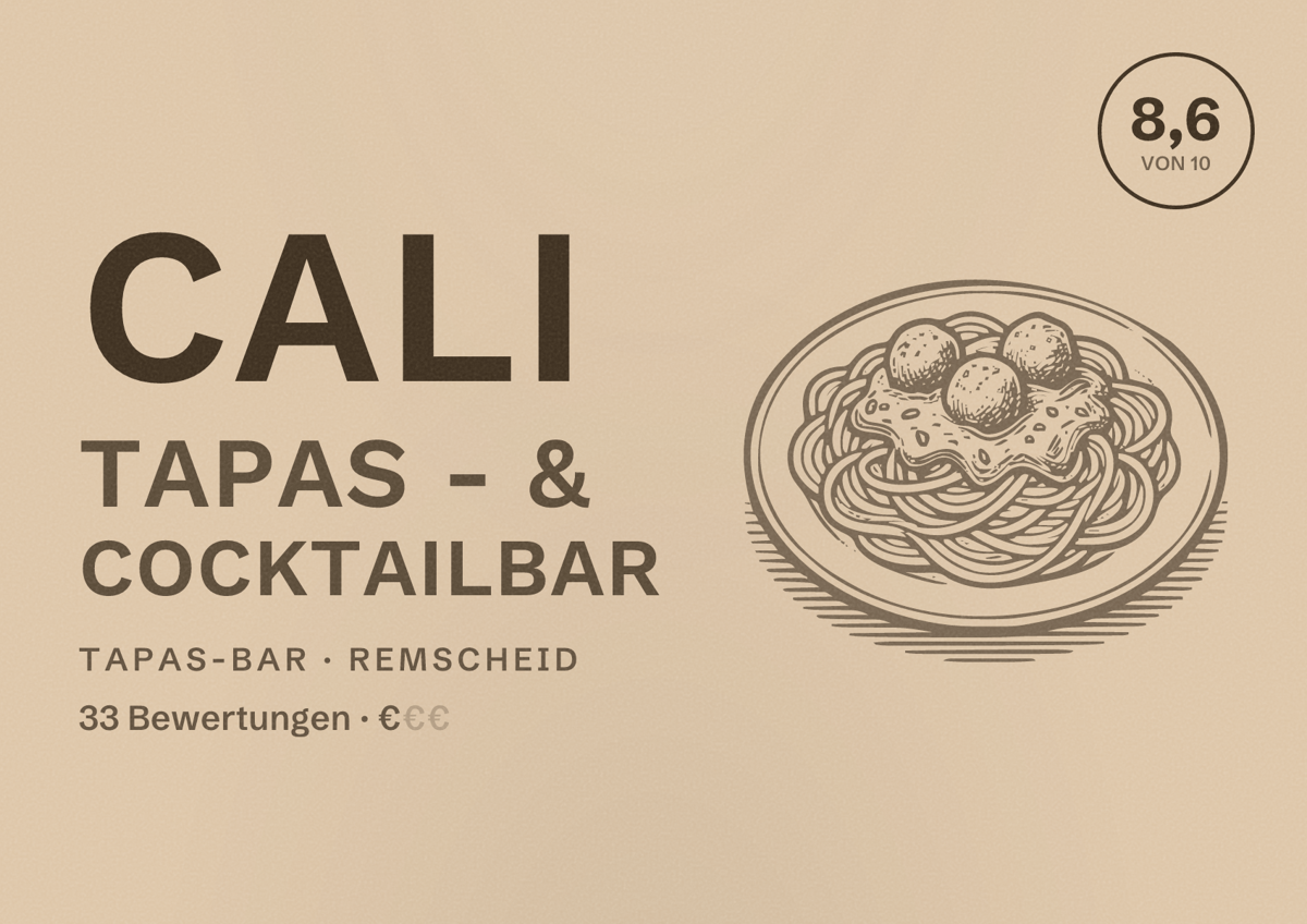 Illustriertes Poster von Cali Tapas - & Cocktailbar, Tapas-Bar in Remscheid: Bewertung 8,6 von 10 aus 33 Bewertungen, Preisniveau €