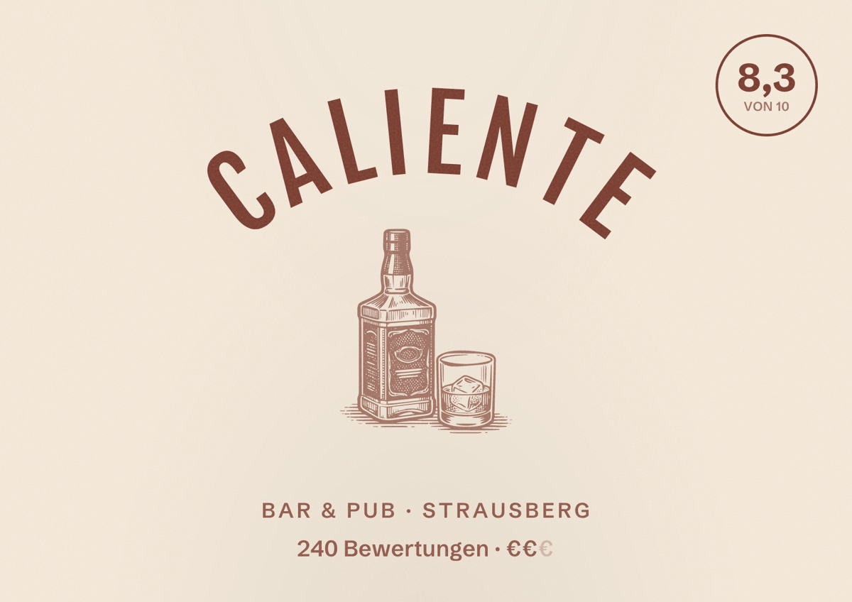 Illustriertes Poster von Caliente, Bar & Pub in Strausberg: Bewertung 8,3 von 10 aus 240 Bewertungen, Preisniveau €€