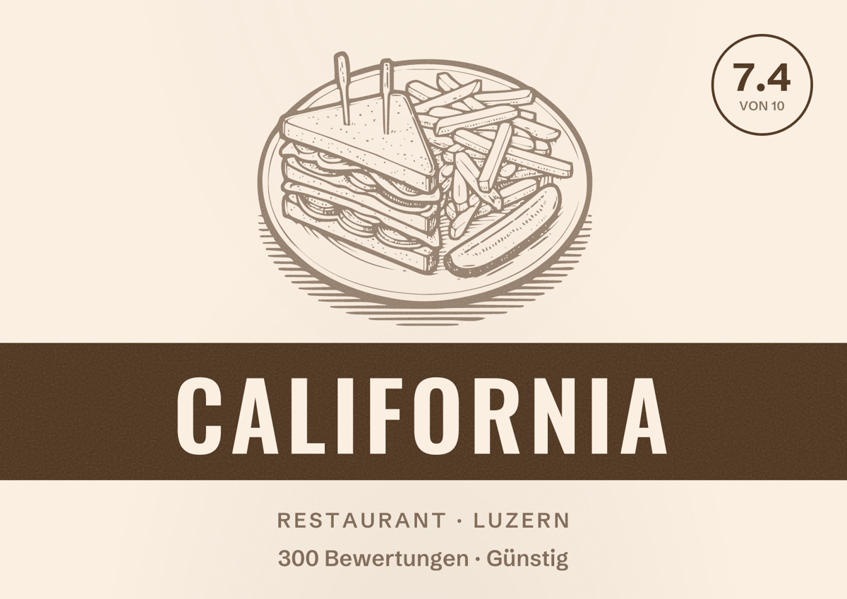 Illustriertes Poster von California, Restaurant in Luzern: Bewertung 7.4 von 10 aus 300 Bewertungen, Preisniveau Günstig