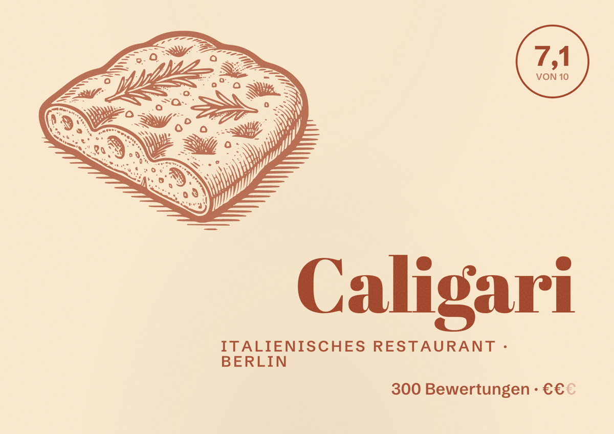 Illustriertes Poster von Caligari, Italienisches Restaurant in Berlin: Bewertung 7,1 von 10 aus 300 Bewertungen, Preisniveau €€