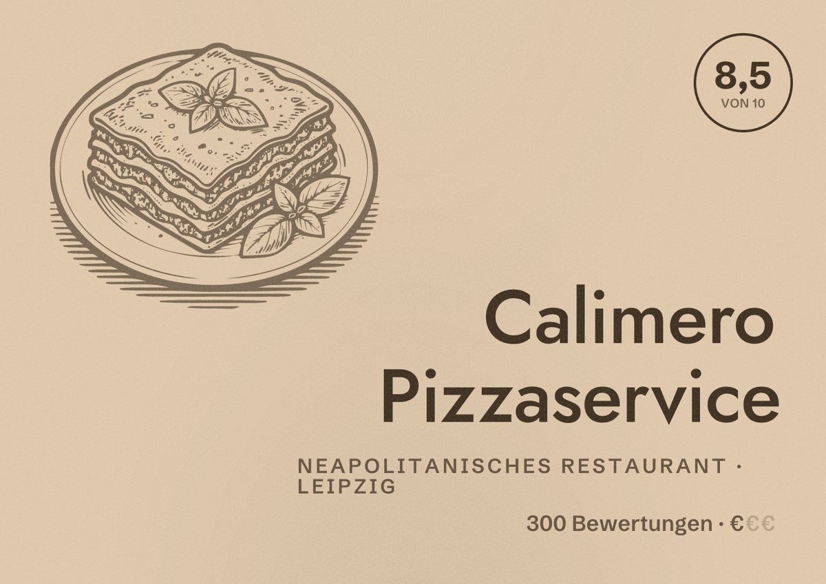Illustriertes Poster von Calimero Pizzaservice, Neapolitanisches Restaurant in Leipzig: Bewertung 8,5 von 10 aus 300 Bewertungen, Preisniveau €