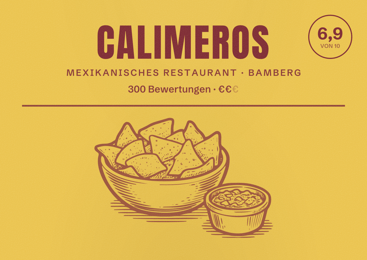 Illustriertes Poster von Calimeros, Mexikanisches Restaurant in Bamberg: Bewertung 6,9 von 10 aus 300 Bewertungen, Preisniveau €€