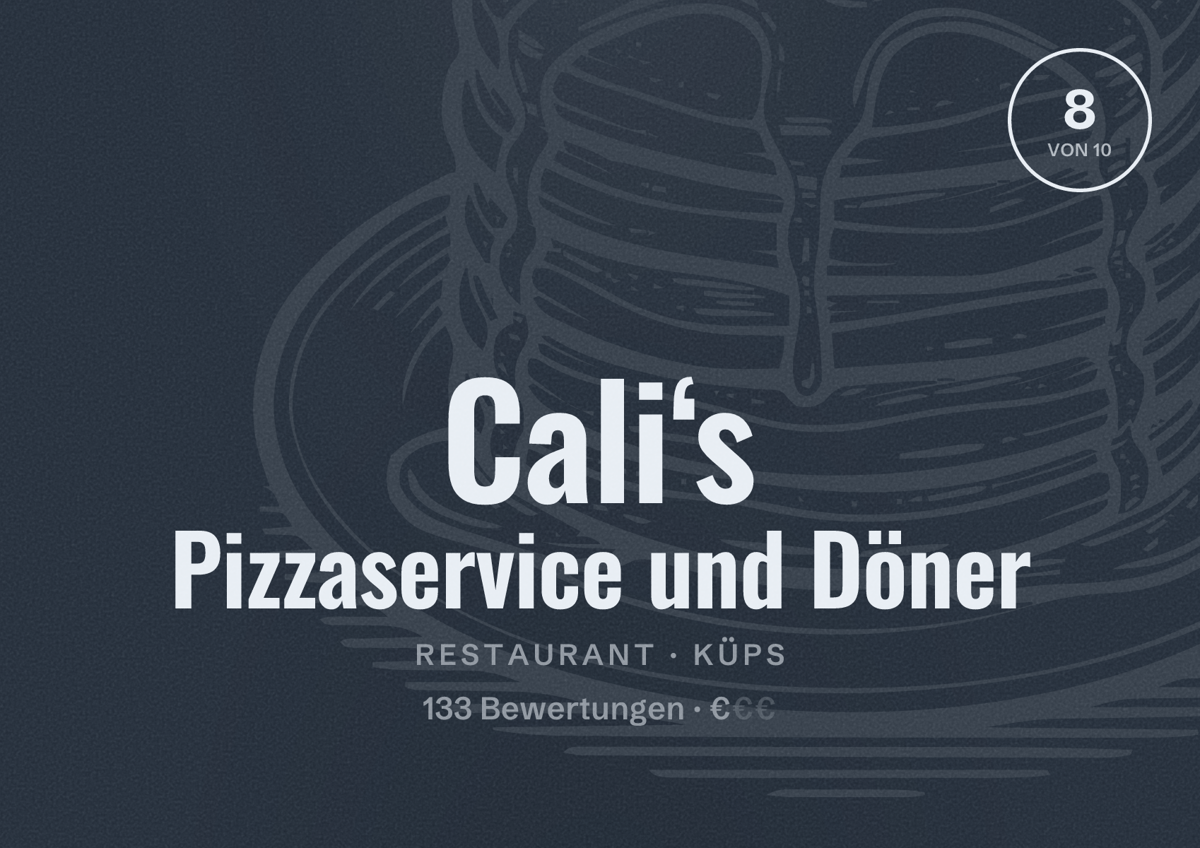 Illustriertes Poster von Cali‘s Pizzaservice und Döner, Restaurant in Küps: Bewertung 8 von 10 aus 133 Bewertungen, Preisniveau €