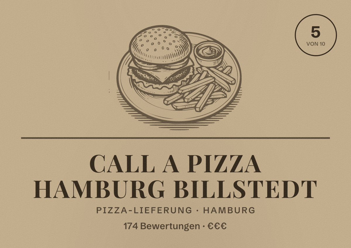 Illustriertes Poster von Call a Pizza Hamburg Billstedt, Pizza-Lieferung in Hamburg: Bewertung 5 von 10 aus 174 Bewertungen, Preisniveau €€€