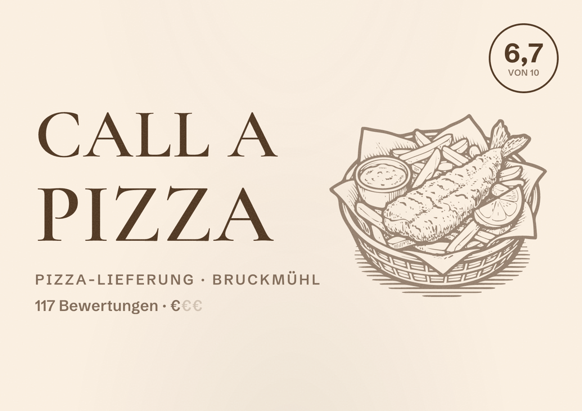 Illustriertes Poster von Call a Pizza, Pizza-Lieferung in Bruckmühl: Bewertung 6,7 von 10 aus 117 Bewertungen, Preisniveau €