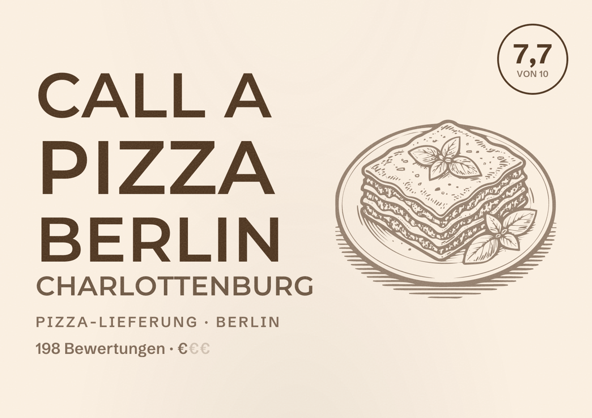 Illustriertes Poster von Call a Pizza Berlin Charlottenburg, Pizza-Lieferung in Berlin: Bewertung 7,7 von 10 aus 198 Bewertungen, Preisniveau €