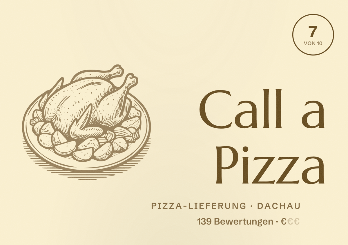 Illustriertes Poster von Call a Pizza, Pizza-Lieferung in Dachau: Bewertung 7 von 10 aus 139 Bewertungen, Preisniveau €