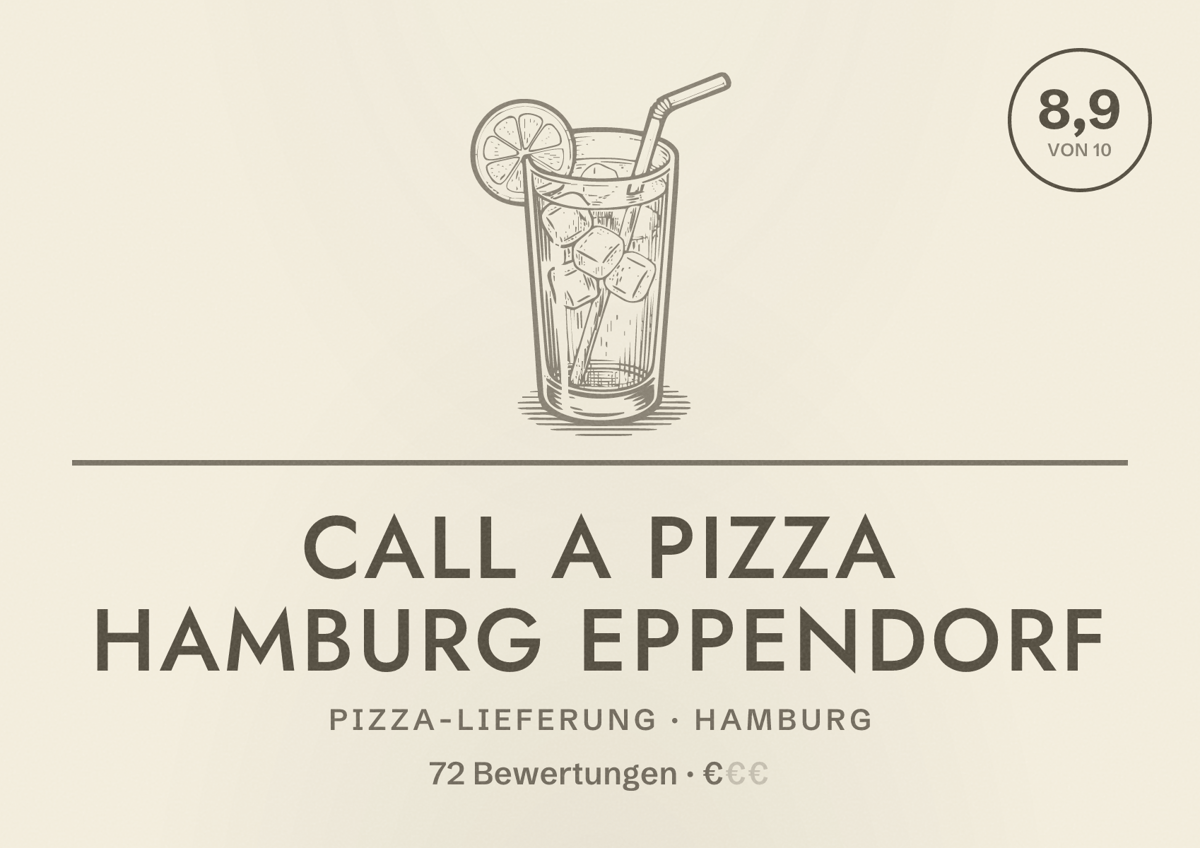 Illustriertes Poster von Call a Pizza Hamburg Eppendorf, Pizza-Lieferung in Hamburg: Bewertung 8,9 von 10 aus 72 Bewertungen, Preisniveau €