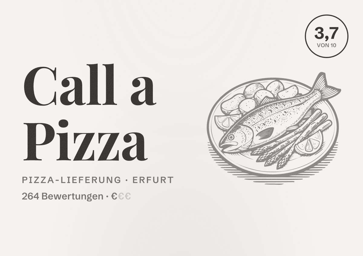 Illustriertes Poster von Call a Pizza, Pizza-Lieferung in Erfurt: Bewertung 3,7 von 10 aus 264 Bewertungen, Preisniveau €