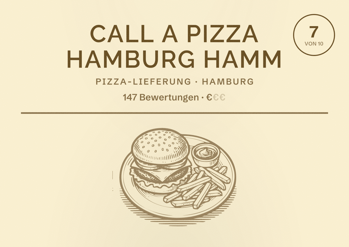 Illustriertes Poster von Call a Pizza Hamburg Hamm, Pizza-Lieferung in Hamburg: Bewertung 7,0 von 10 aus 147 Bewertungen, Preisniveau €