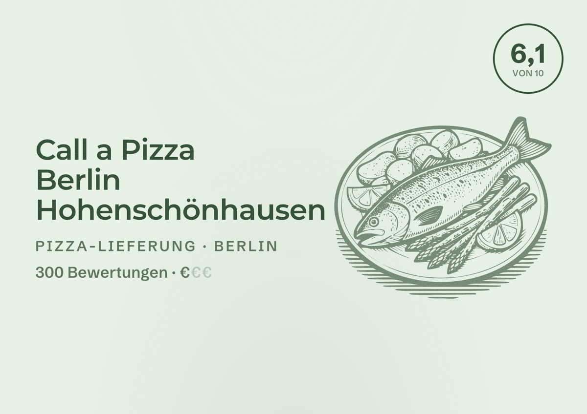 Illustriertes Poster von Call a Pizza Berlin Hohenschönhausen, Pizza-Lieferung in Berlin: Bewertung 6,1 von 10 aus 300 Bewertungen, Preisniveau €