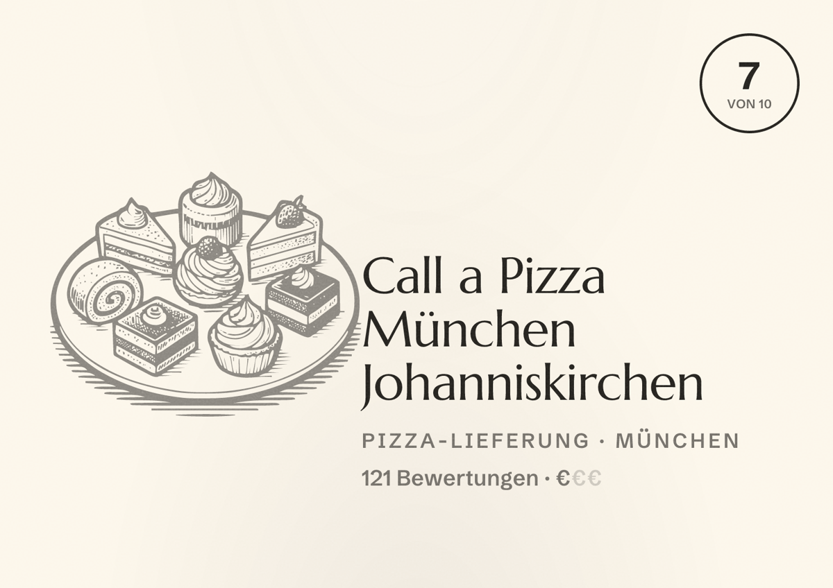 Illustriertes Poster von Call a Pizza München Johanniskirchen, Pizza-Lieferung in München: Bewertung 7,0 von 10 aus 121 Bewertungen, Preisniveau €