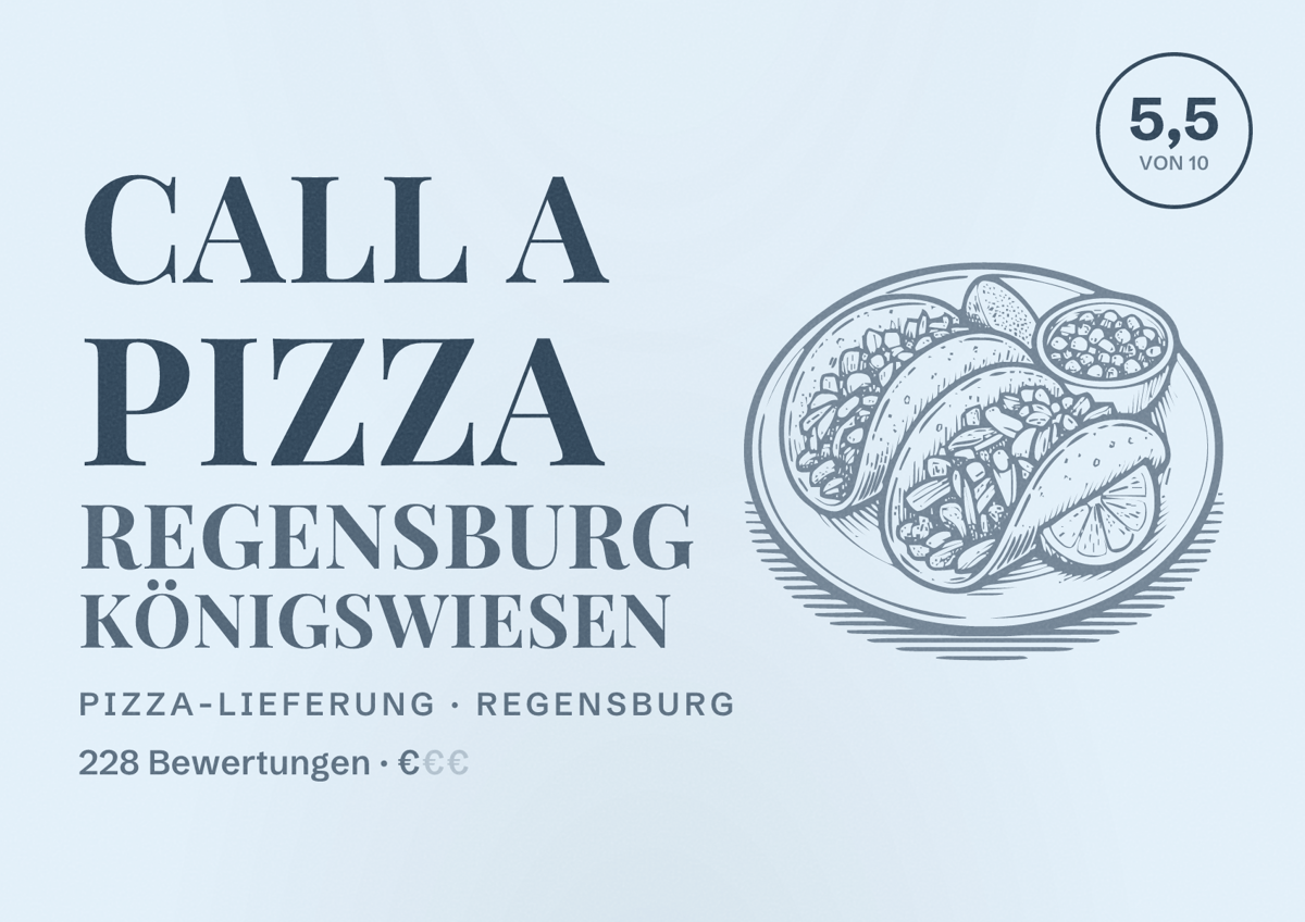 Illustriertes Poster von Call a Pizza Regensburg Königswiesen, Pizza-Lieferung in Regensburg: Bewertung 5,5 von 10 aus 228 Bewertungen, Preisniveau €