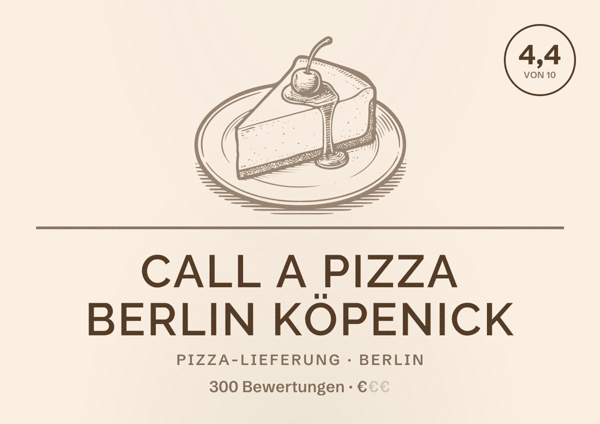 Illustriertes Poster von Call a Pizza Berlin Köpenick, Pizza-Lieferung in Berlin: Bewertung 4,4 von 10 aus 300 Bewertungen, Preisniveau €